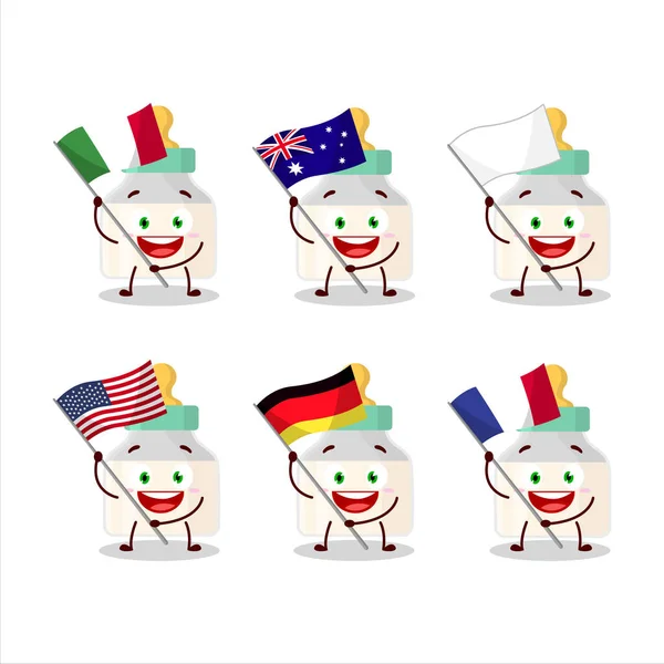 Baby Pacifier White Milk Cartoon Character Bring Flags Various Countries — Stock Vector