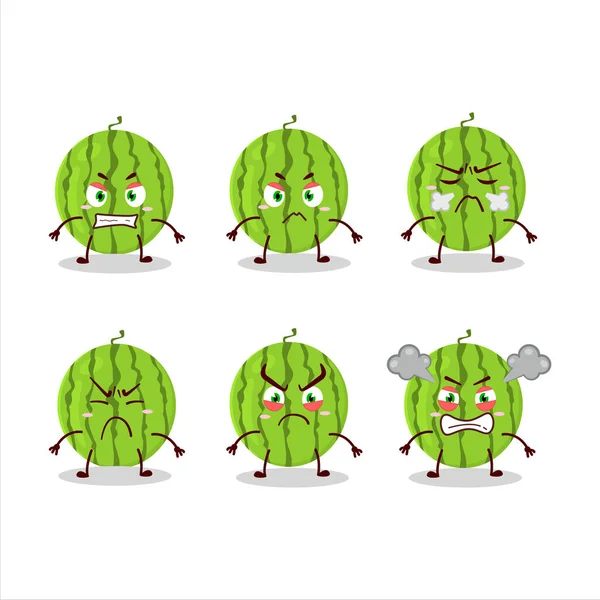 様々な怒りの表現と緑のスイカの漫画のキャラクター ベクターイラスト — ストックベクタ
