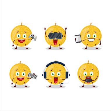 Sarı kavun çizgi film karakteri çeşitli şirin ifadelerle oyunlar oynuyor. Vektör illüstrasyonu