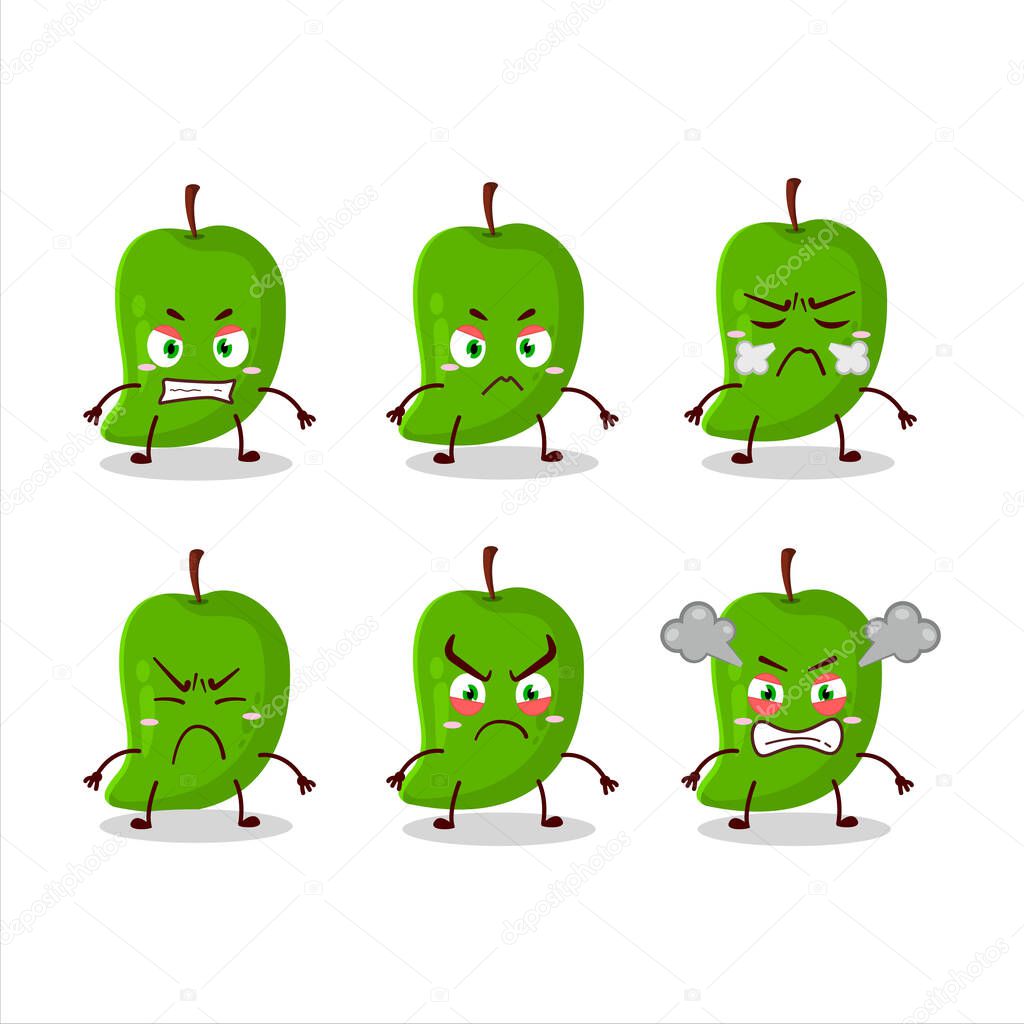 Green mango cartoon character with various angry expressions. Vector illustration