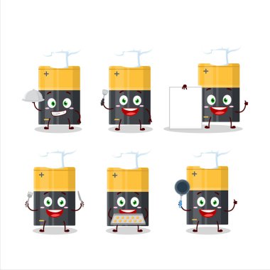 Çeşitli şef simgeleriyle güç bataryalarının çizgi film karakteri. Vektör illüstrasyonu