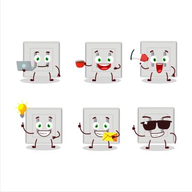 Çeşitli iş simgelerine sahip tek bir elektrik adaptörü çizgi film karakteri. Vektör illüstrasyonu