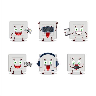 Tek elektirikli uyarlayıcı çizgi film karakteri çeşitli şirin duygu simgeleriyle oyunlar oynuyor. Vektör illüstrasyonu