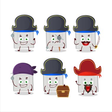 Çeşitli korsan ifadeleri olan tek bir elektrik adaptörünün çizgi film karakteri. Vektör illüstrasyonu