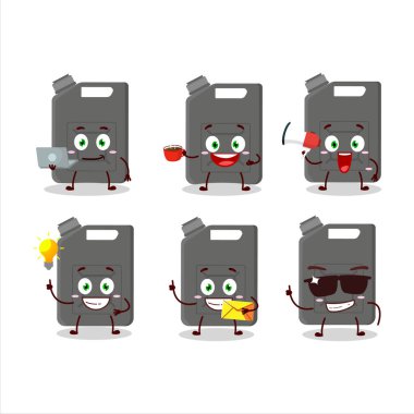 Çeşitli iş simgelerine sahip siyah benzin deposu çizgi film karakteri. Vektör illüstrasyonu