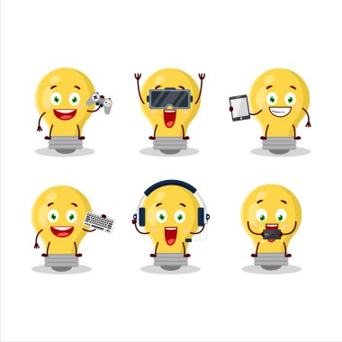 Ampul lambası çizgi film karakteri çeşitli şirin ifadelerle oyunlar oynuyor. Vektör illüstrasyonu