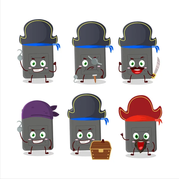 Personaje Dibujos Animados Tanque Gasolina Negro Con Varios Emoticonos Piratas — Vector de stock