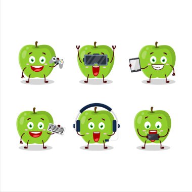Yeni yeşil elma çizgi film karakteri çeşitli şirin emoticonlarla oyunlar oynuyor. Vektör illüstrasyonu