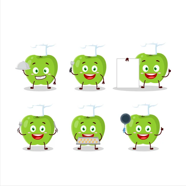 Personagem Desenhos Animados Maçã Verde Nova Com Vários Emoticons Chef — Vetor de Stock