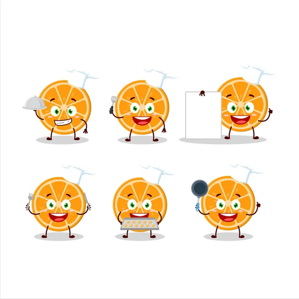 Caractère Bande Dessinée Tranche Orange Avec Divers Émoticônes Chef Illustration — Image vectorielle