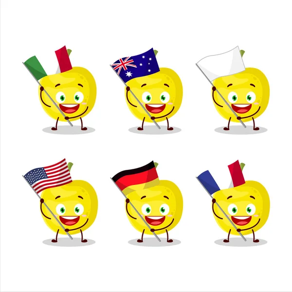 Personaje Dibujos Animados Cereza Amarilla Traer Las Banderas Varios Países — Vector de stock