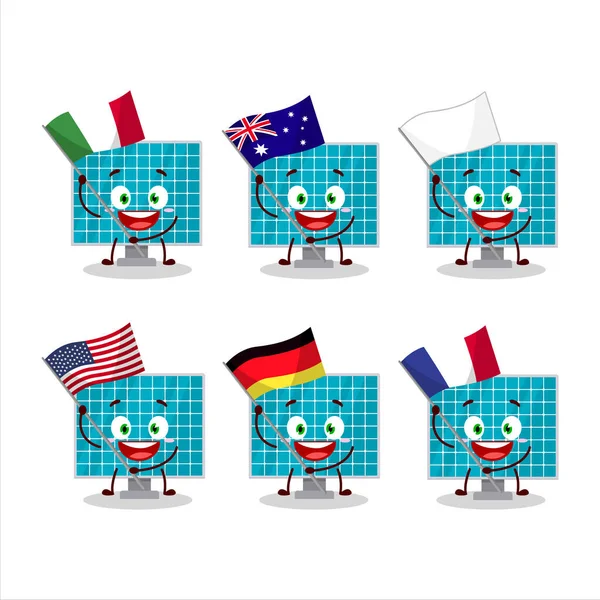 Panel Solar Personaje Dibujos Animados Traer Las Banderas Varios Países — Vector de stock