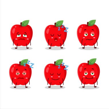 Uykulu suratlı yeni kırmızı elmanın çizgi film karakteri. Vektör illüstrasyonu
