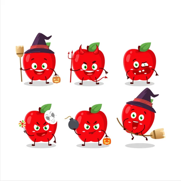 Emotikony Ekspresji Halloween Postacią Kreskówki Nowego Czerwonego Jabłka Ilustracja Wektora — Wektor stockowy