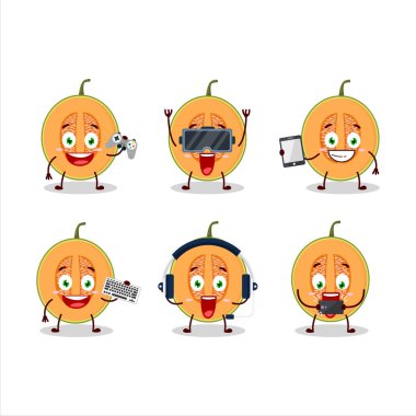 Bir karpuz çizgi film karakteri çeşitli şirin ifadelerle oyunlar oynuyor. Vektör illüstrasyonu