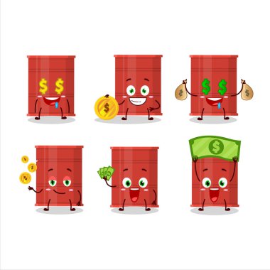 Kırmızı fıçı çizgi film karakteri, şirin ifadeli, yanında para getiriyor. Vektör illüstrasyonu