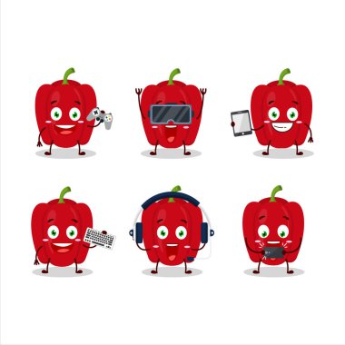 Kırmızı biberli çizgi film karakteri çeşitli şirin ifadelerle oyunlar oynuyor. Vektör illüstrasyonu