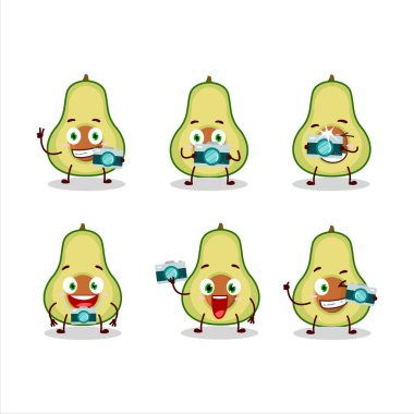 Avokado çizgi film karakteri dilimli fotoğrafçı mesleği ifadesi. Vektör illüstrasyonu