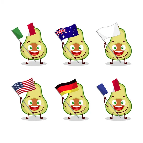 Rebanada Aguacate Personaje Dibujos Animados Traer Las Banderas Varios Países — Vector de stock