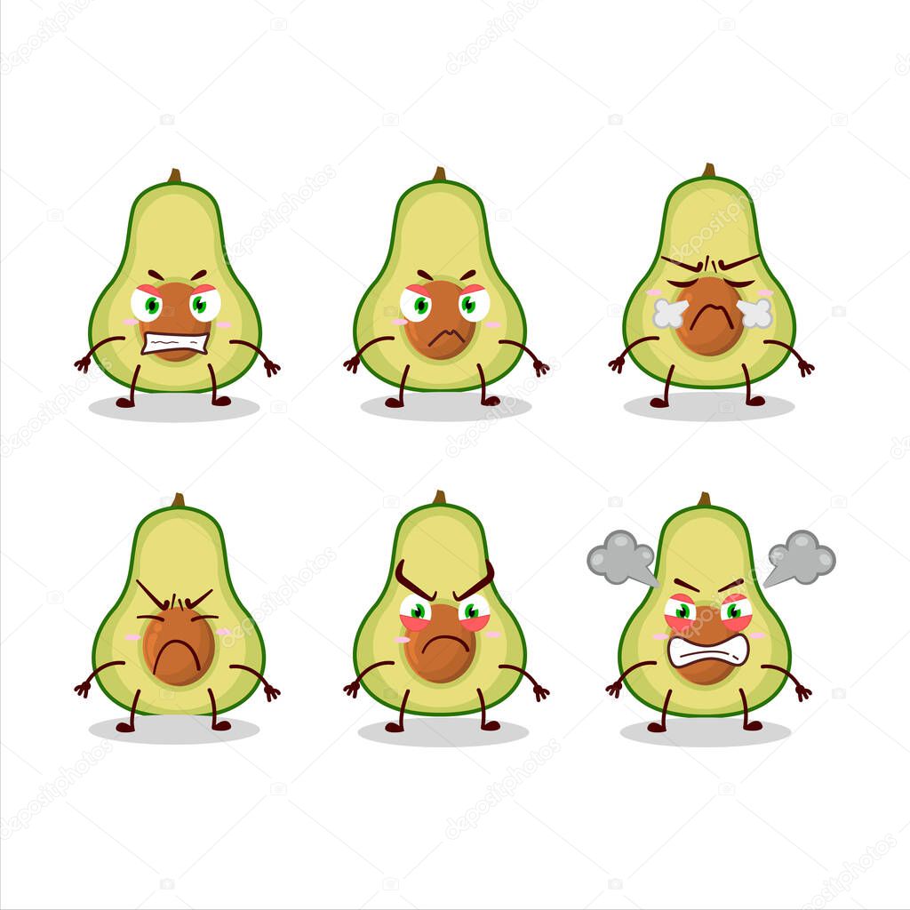 Slice of avocado cartoon character with various angry expressions. Vector illustration