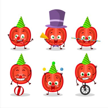 Çeşitli sirk gösterileri olan domates dilimli çizgi film karakteri. Vektör illüstrasyonu