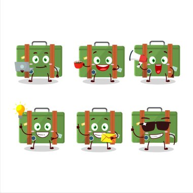Çeşitli iş simgeleriyle seyahat eden bavul çizgi film karakteri. Vektör illüstrasyonu
