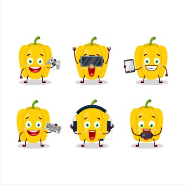 Sarı biberli çizgi film karakteri çeşitli şirin ifadelerle oyunlar oynuyor. Vektör illüstrasyonu