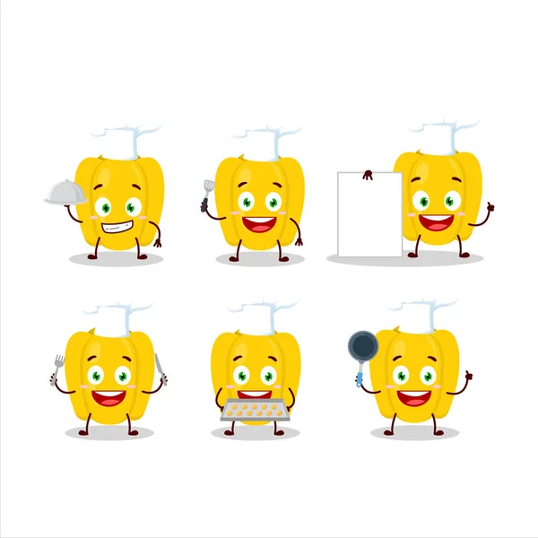 Personaje Dibujos Animados Pimienta Amarilla Con Varios Emoticonos Chef Ilustración — Vector de stock