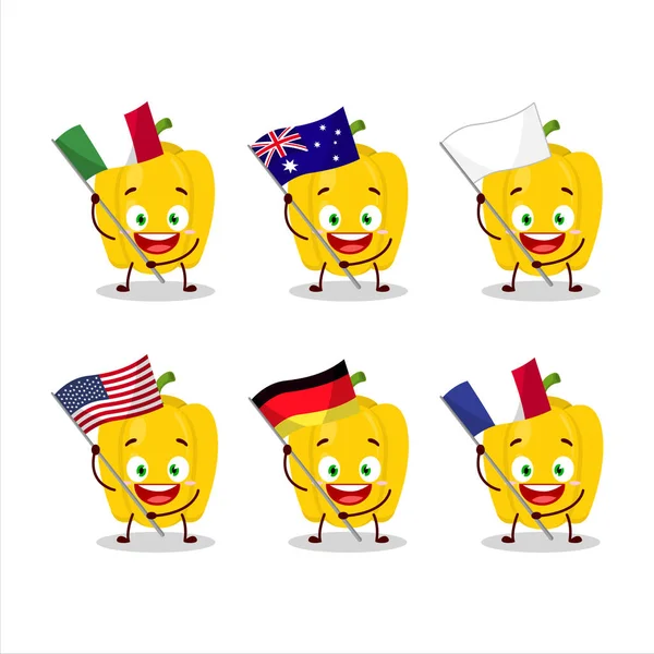 Personaje Dibujos Animados Pimienta Amarilla Traer Las Banderas Varios Países — Vector de stock