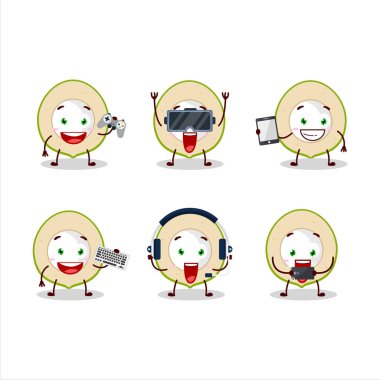 Yeşil hindistan cevizi çizgi film karakteri çeşitli şirin duygu simgeleriyle oyunlar oynuyor. Vektör illüstrasyonu