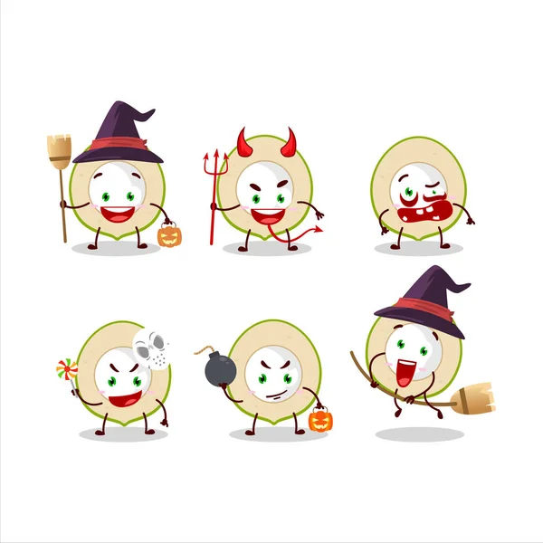 Halloween Kifejezés Hangulatjelek Rajzfilm Karakter Szelet Zöld Kókusz Vektorillusztráció — Stock Vector