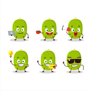 Çeşitli iş simgeleriyle Jackfruit çizgi film karakteri. Vektör illüstrasyonu