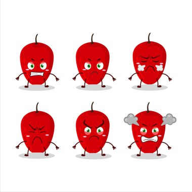 Tamarillo çizgi film karakteri ve değişik kızgın ifadeler. Vektör illüstrasyonu