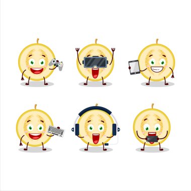 Sarı karpuz çizgi film karakteri çeşitli şirin ifadelerle oyunlar oynuyor.