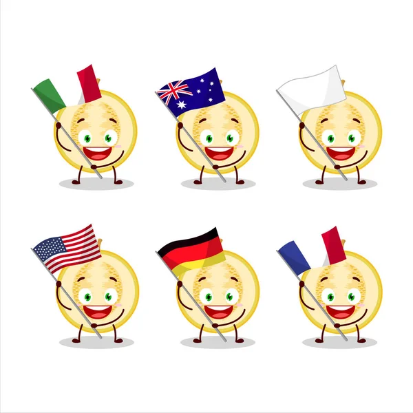Sarı karpuz karikatür karakteri çeşitli ülkelerin bayraklarını getir — Stok Vektör