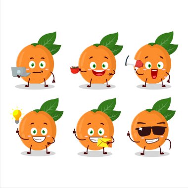 Çeşitli iş simgelerine sahip greyfurt çizgi film karakteri. Vektör illüstrasyonu