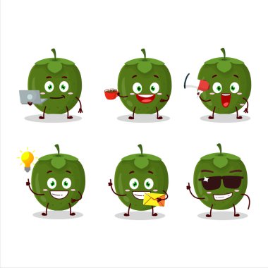 Çeşitli iş simgelerine sahip siyah sapote çizgi film karakteri. Vektör illüstrasyonu