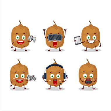 Cupuacu çizgi film karakteri çeşitli şirin duygu simgeleriyle oyunlar oynuyor. Vektör illüstrasyonu