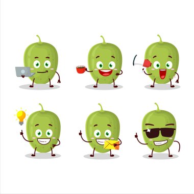 Çeşitli iş simgelerine sahip zeytin çizgi film karakteri. Vektör illüstrasyonu