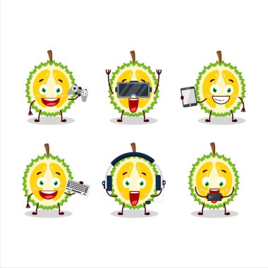 Durian çizgi film karakterinin dilimleri çeşitli şirin ifadelerle oyunlar oynuyor. Vektör illüstrasyonu