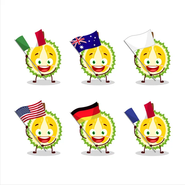 Skiva Durian Tecknad Karaktär Föra Flaggor Olika Länder Vektorillustration — Stock vektor