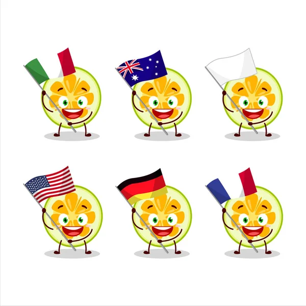 Snijd Van Jackfruit Cartoon Karakter Brengen Vlaggen Van Verschillende Landen — Stockvector