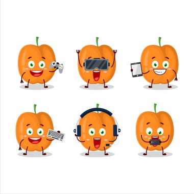 Kayısı çizgi film karakteri çeşitli şirin simgelerle oyunlar oynuyor. Vektör illüstrasyonu