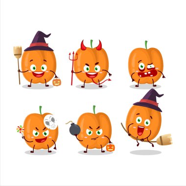 Kayısı çizgi film karakteri ile Cadılar Bayramı yüz ifadeleri. Vektör illüstrasyonu