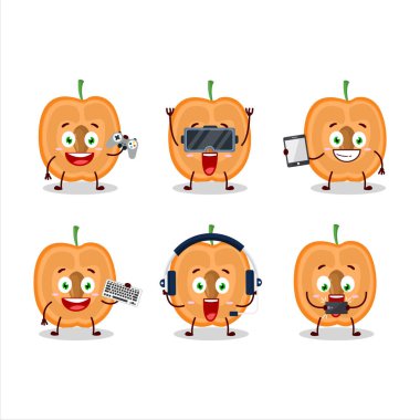 Kayısı dilimli çizgi film karakteri çeşitli şirin duygu simgeleriyle oyunlar oynuyor. Vektör illüstrasyonu