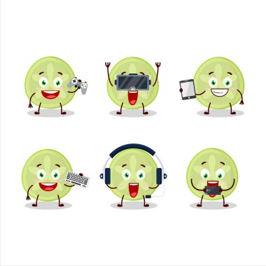 Bilibi çizgi film karakterinin dilimleri çeşitli şirin duygu simgeleriyle oyunlar oynuyor. Vektör illüstrasyonu