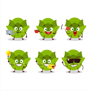 Çeşitli iş simgelerine sahip Savoy lahanası çizgi film karakteri. Vektör illüstrasyonu