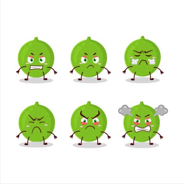 Çeşitli kızgın ifadeleri olan Alibertia meyve çizgi film karakteri. Vektör illüstrasyonu