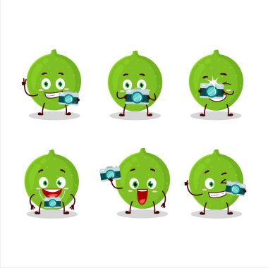 Alibertia meyve çizgi film karakteri ile fotoğrafçılık mesleği simgesi. Vektör illüstrasyonu