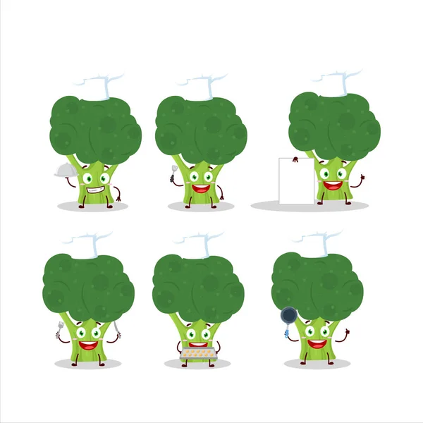 Kreslený Znak Brokolice Různými Emotikony Šéfkuchaře Vektorová Ilustrace — Stockový vektor